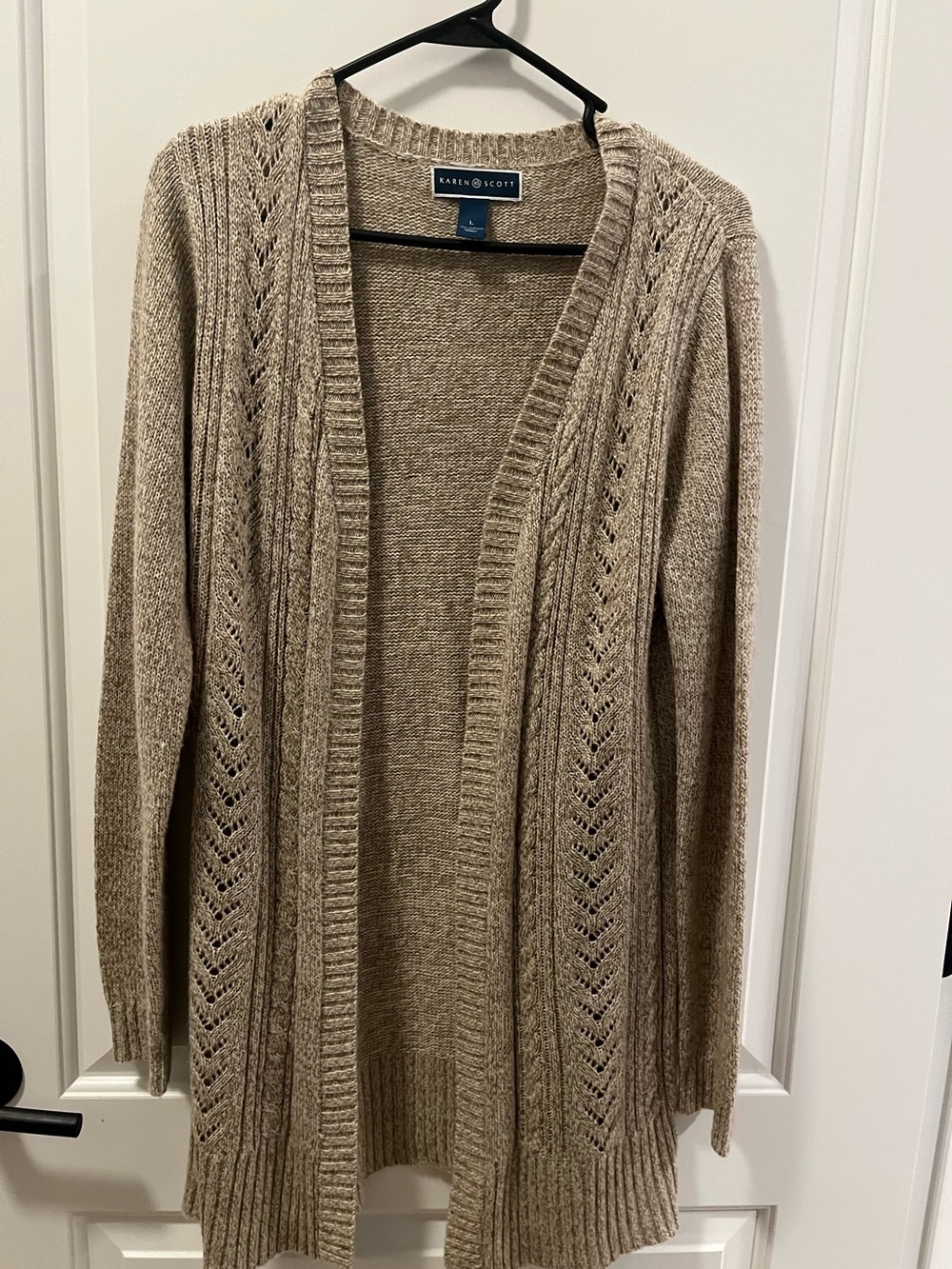 Karen Scott Beige Open-Front Cable Knit Cardigan
